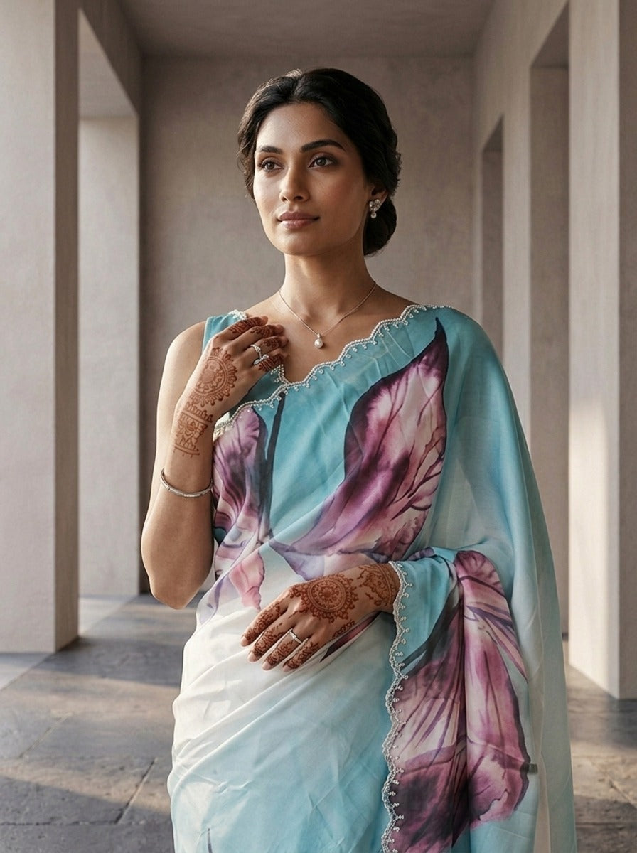 Neerus Green crepe printed saree - side view