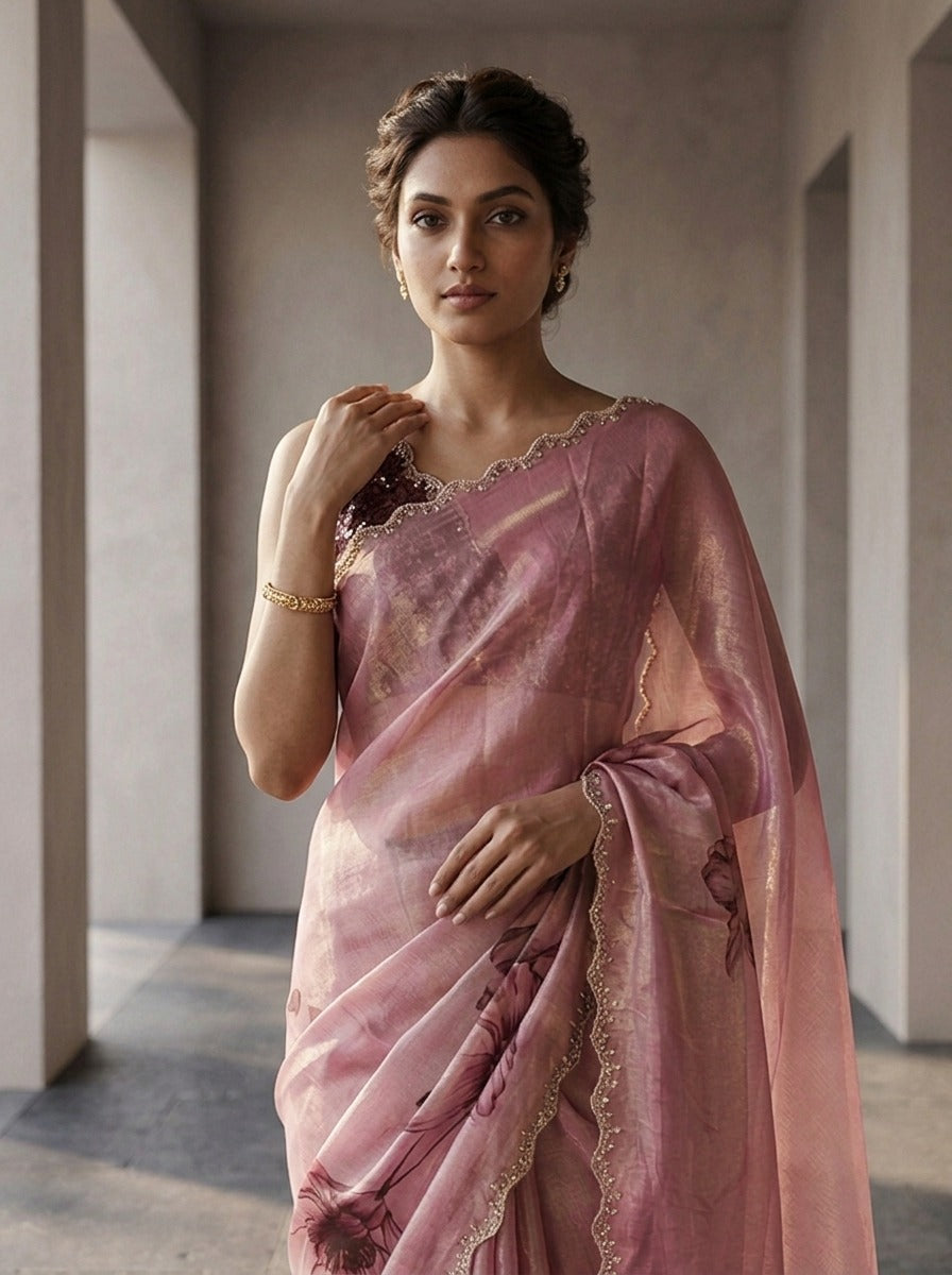 Neerus Pink satin printed saree - side view