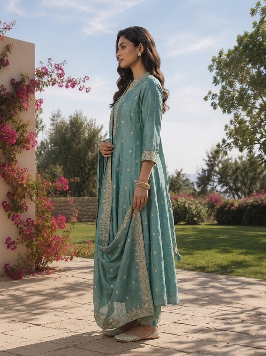 Sea Green Tissue Floral Zari Embroidered Three Piece Set
