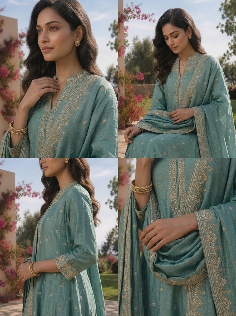 Sea Green Tissue Floral Zari Embroidered Three Piece Set