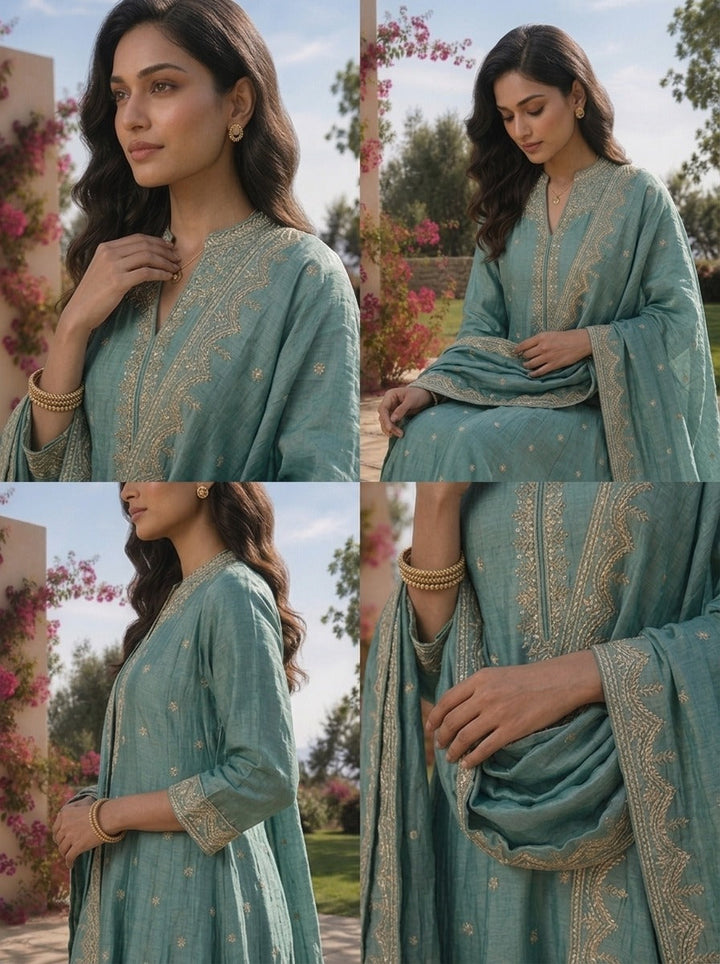Sea Green Tissue Floral Zari Embroidered Three Piece Set