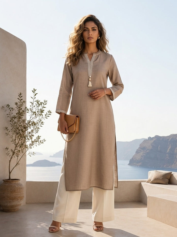 Beige Linen Solid Design And Patch Embroidered Kurta