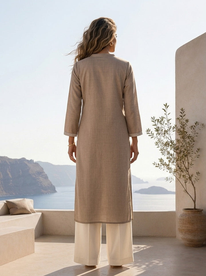 Beige Linen Solid Design And Patch Embroidered Kurta