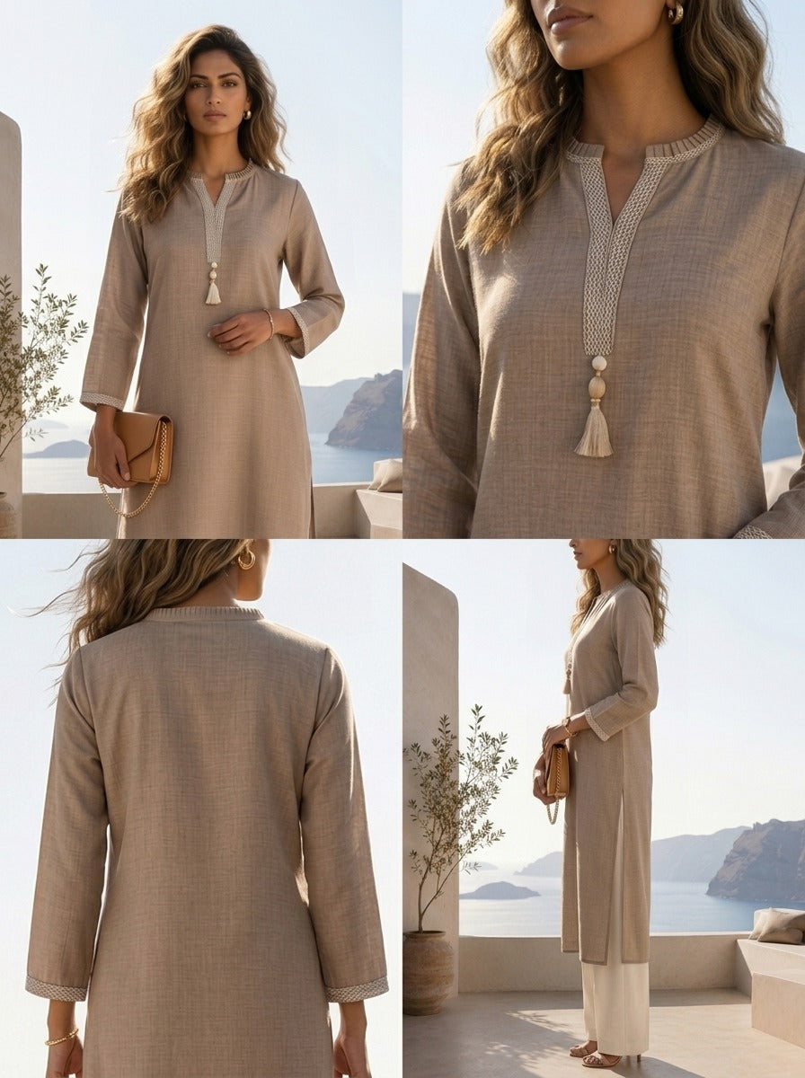 Beige Linen Solid Design And Patch Embroidered Kurta