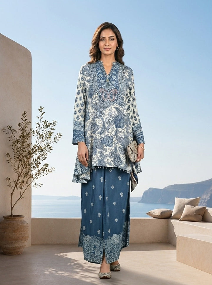 Teal Blue Paisley And Floral Printed Crepe Two Piece Set