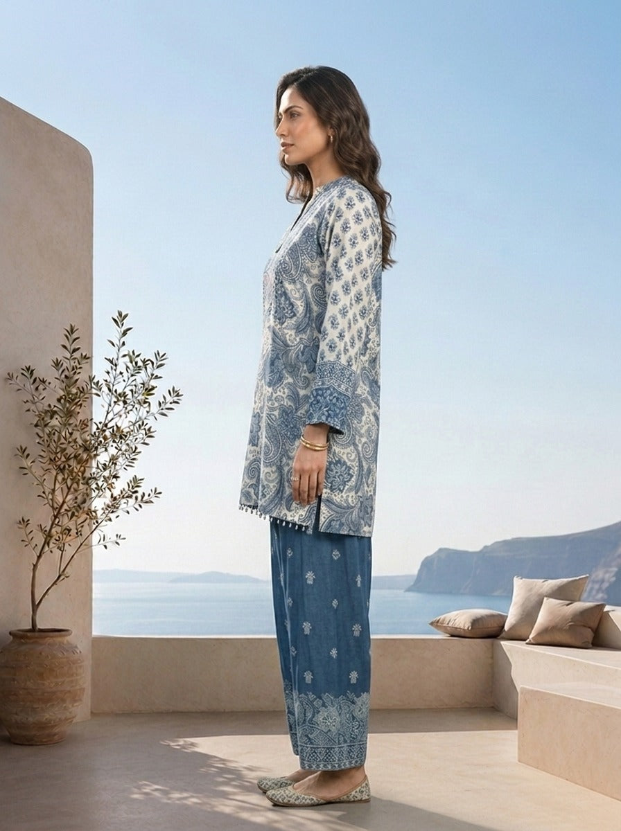 Teal Blue Paisley And Floral Printed Crepe Two Piece Set