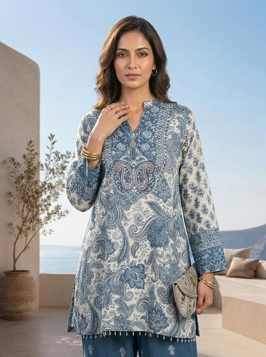 Teal Blue Paisley And Floral Printed Crepe Two Piece Set