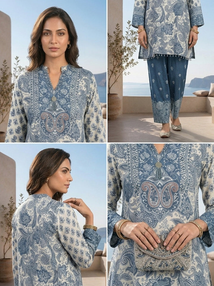 Teal Blue Paisley And Floral Printed Crepe Two Piece Set