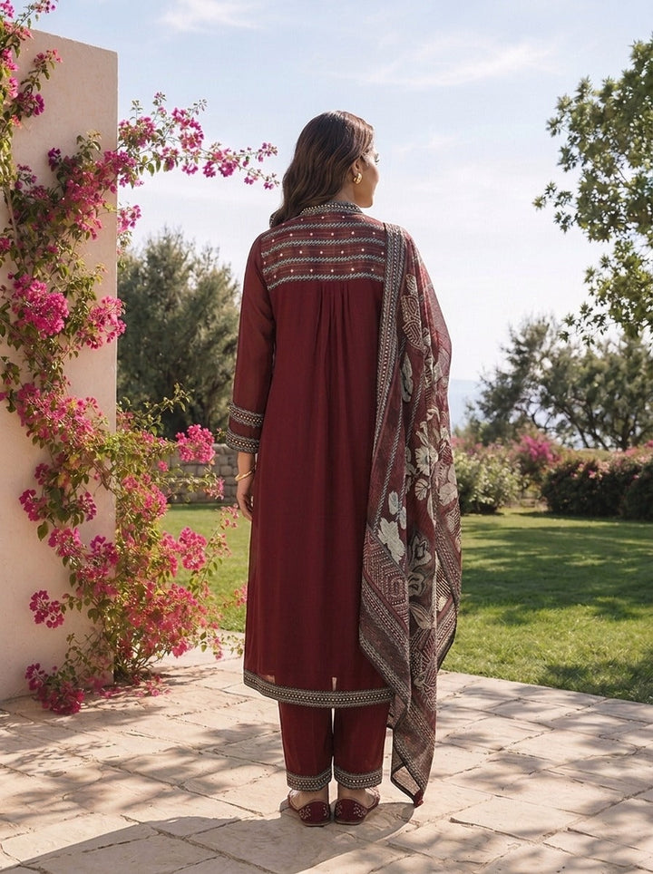 Maroon Solid Design Georgette Three Piece Set With Striped Design Dupatta