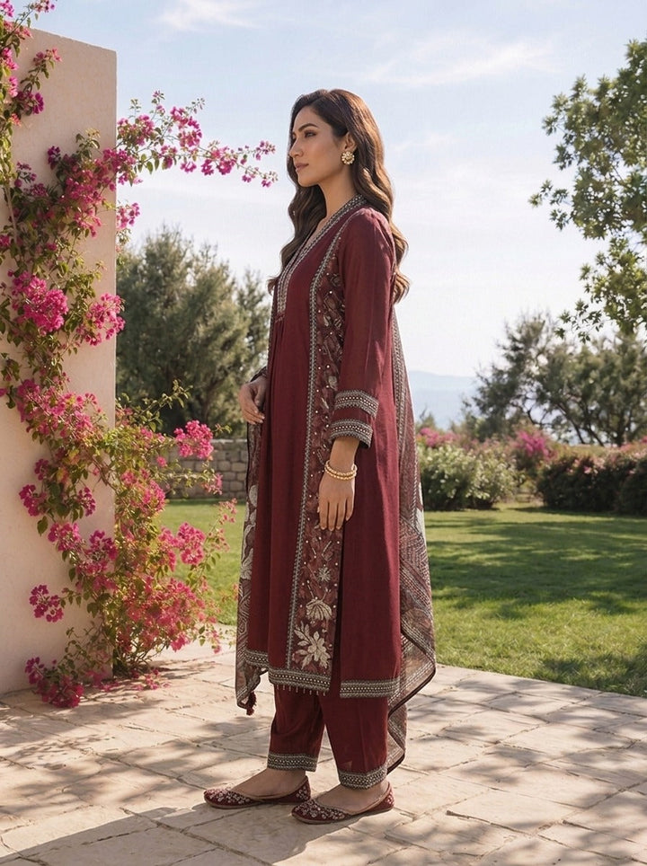 Maroon Solid Design Georgette Three Piece Set With Striped Design Dupatta