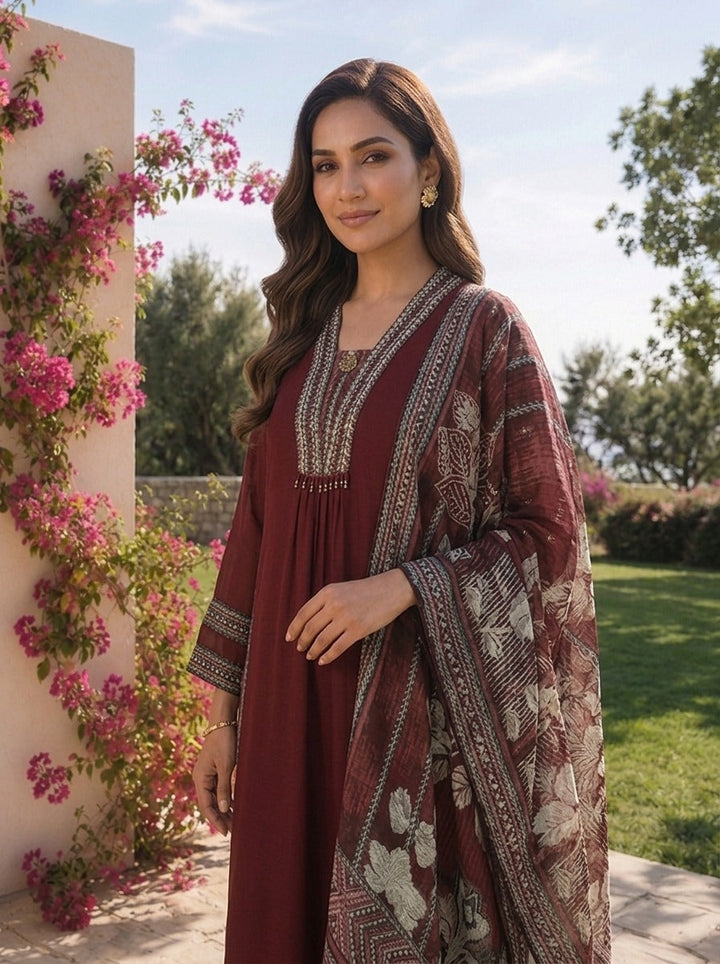 Maroon Solid Design Georgette Three Piece Set With Striped Design Dupatta