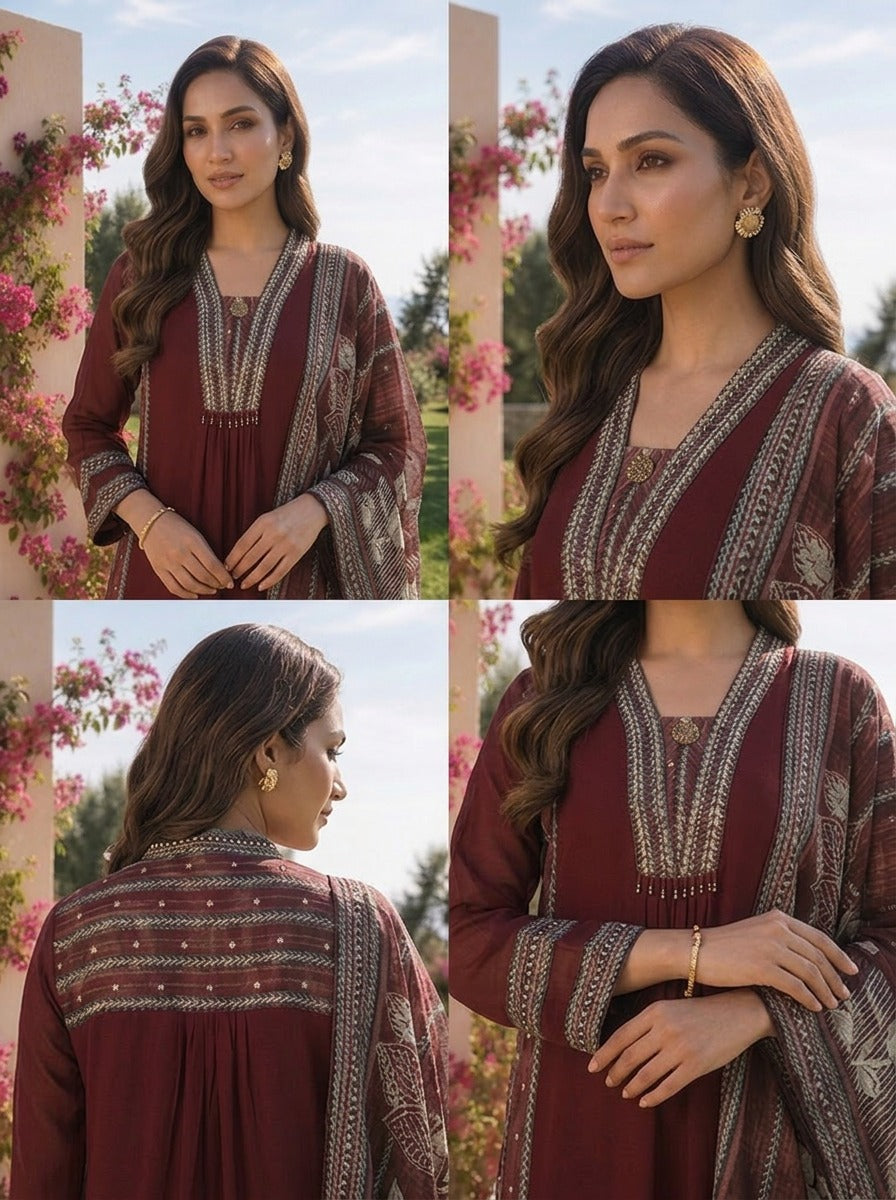 Maroon Solid Design Georgette Three Piece Set With Striped Design Dupatta