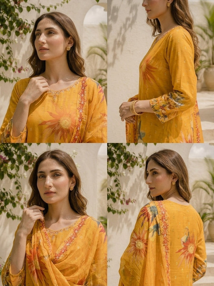Mustard Muslin Digital Sunflower Floral Printed Three Piece Set