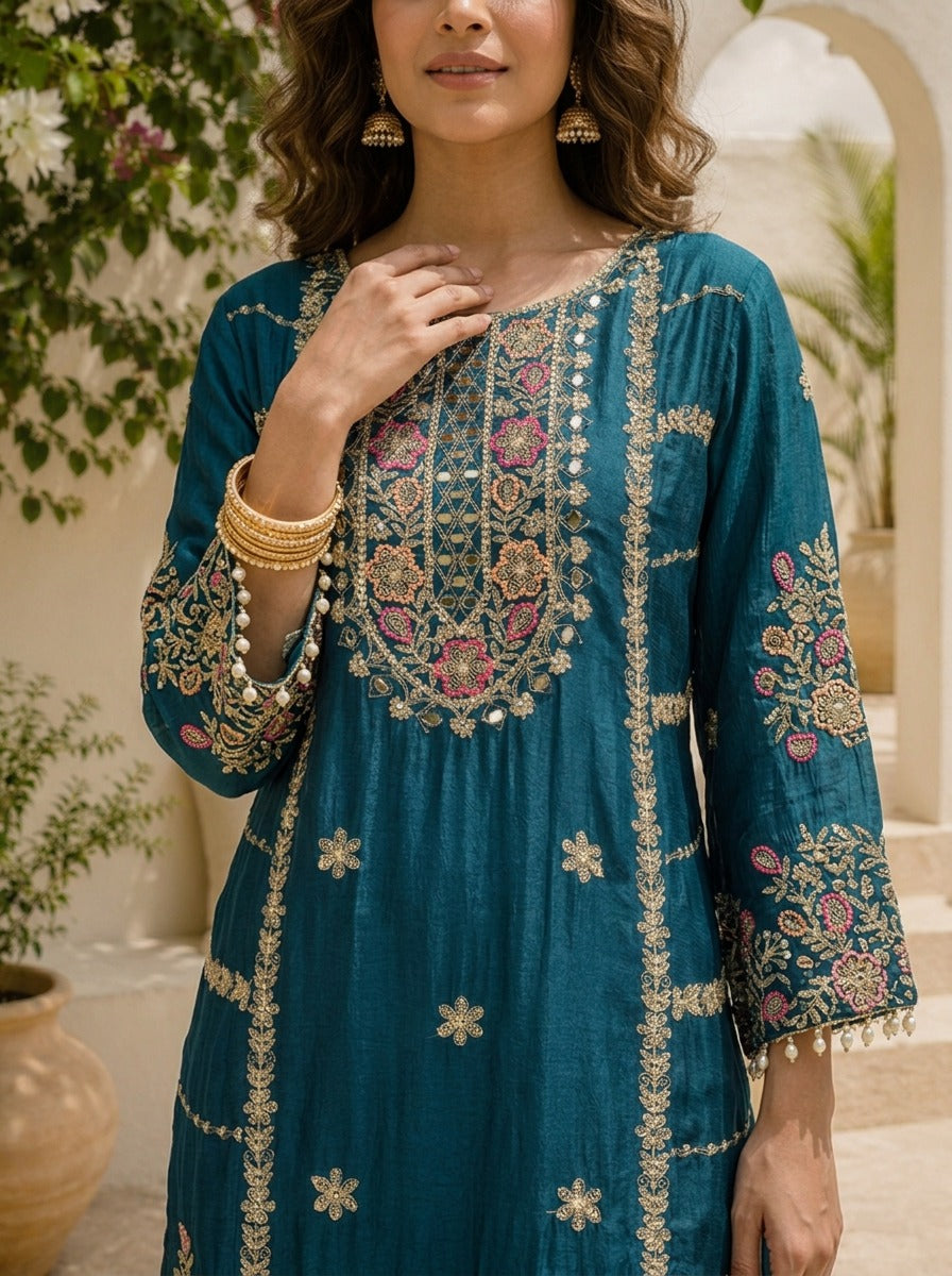 Teal Blue Chinon Zari Embroidered Three Piece Set