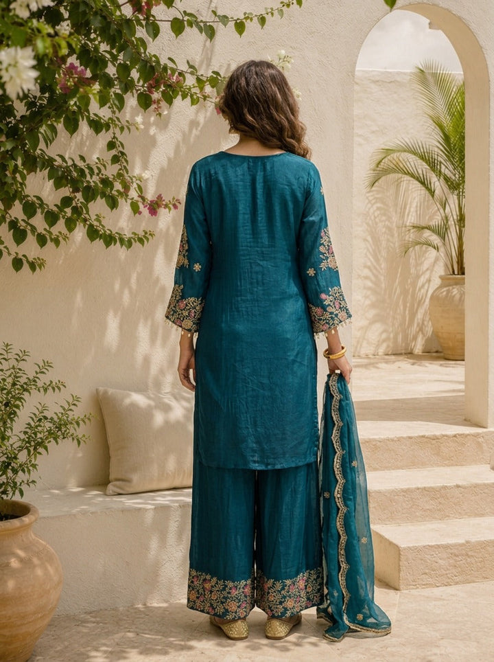 Teal Blue Chinon Zari Embroidered Three Piece Set