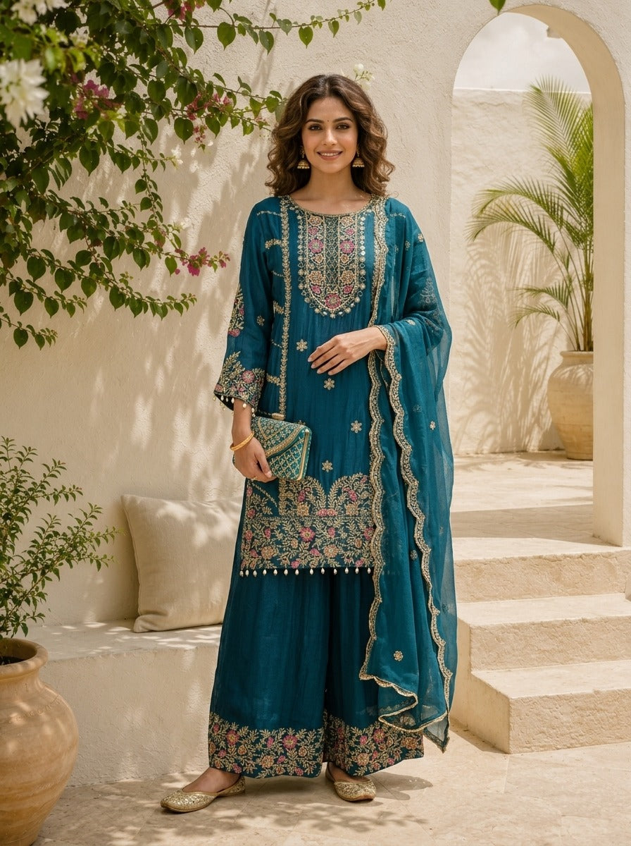 Teal Blue Chinon Zari Embroidered Three Piece Set