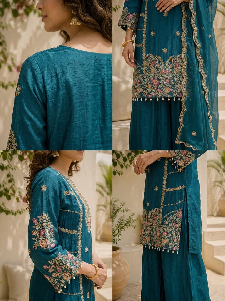 Teal Blue Chinon Zari Embroidered Three Piece Set