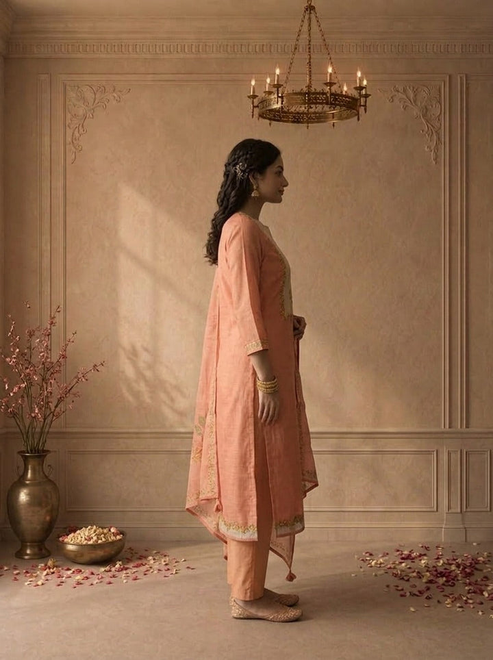 Peach Organza Floral Embroidered Three Piece Set