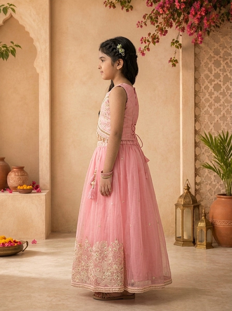 Pink Tissue Floral Stone And Thread Embroidered Ghagra Set