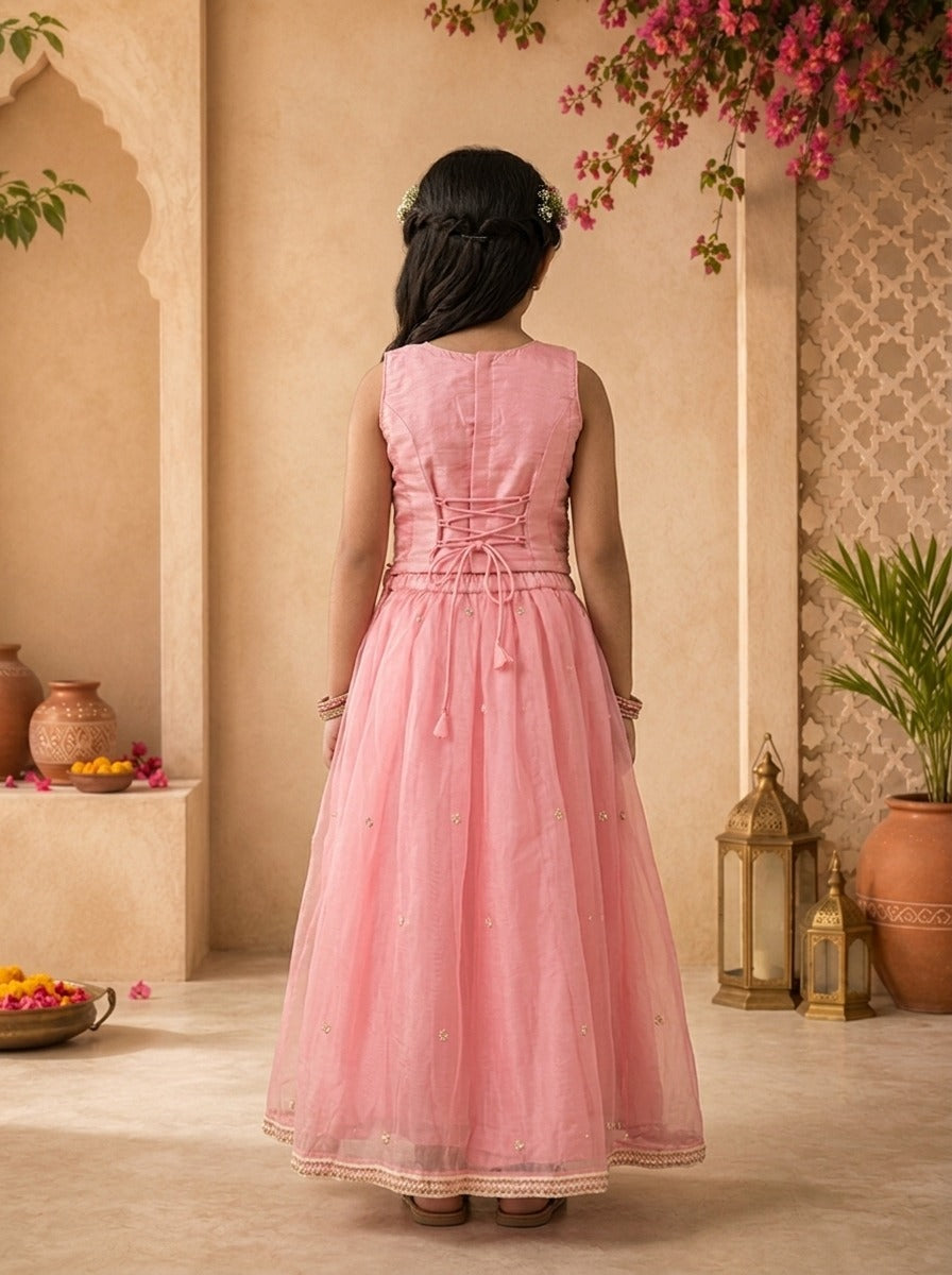 Pink Tissue Floral Stone And Thread Embroidered Ghagra Set