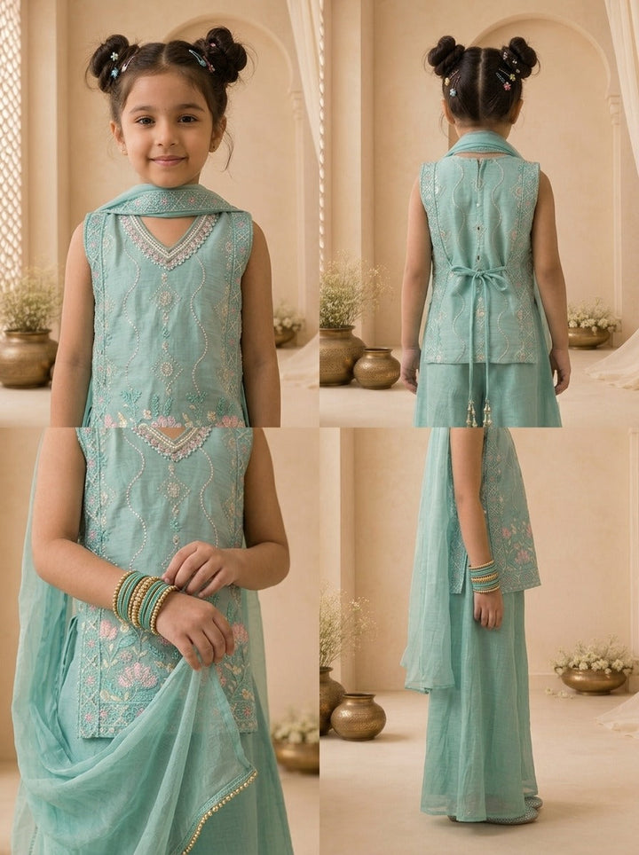 Sky Blue Tissue Lotus Floral Embroidered Palazzo Set