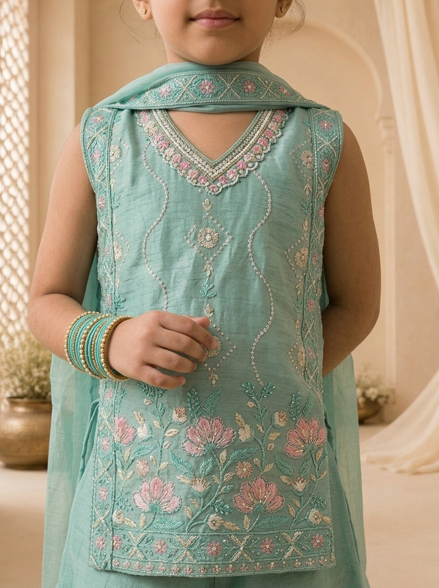 Sky Blue Tissue Lotus Floral Embroidered Palazzo Set