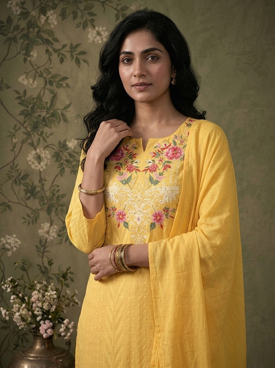 Yellow Cotton Solid With Multicolor Floral Thread Embroidered Three Piece Set