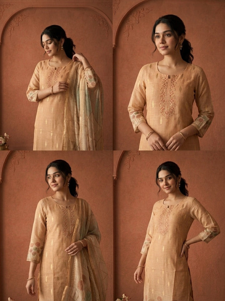 Beige Silk  Dandelion Printed Three Piece Set