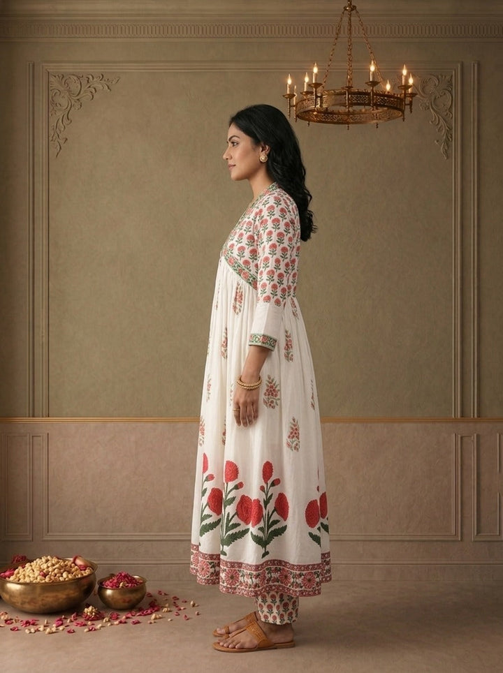 Off White Cotton Mughal Block Printed Three Piece Set