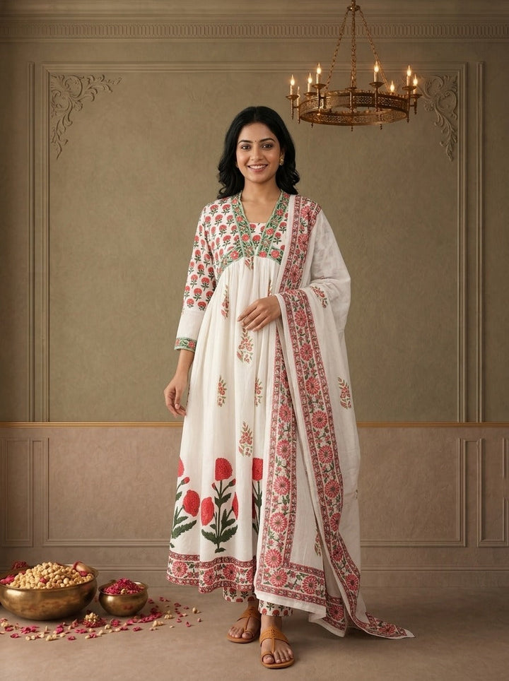 Off White Cotton Mughal Block Printed Three Piece Set