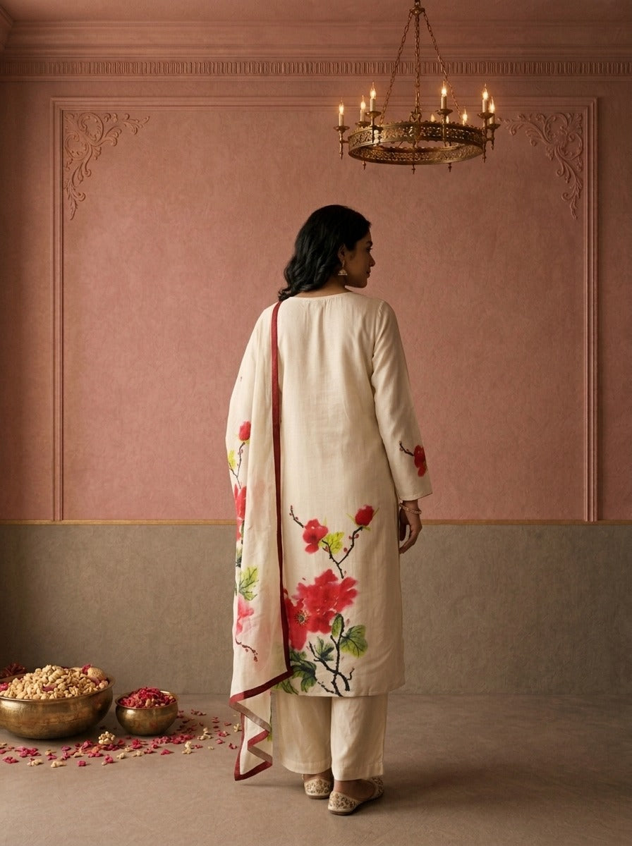 Cream Muslin Hand Painted Floral Printed Three Piece Set