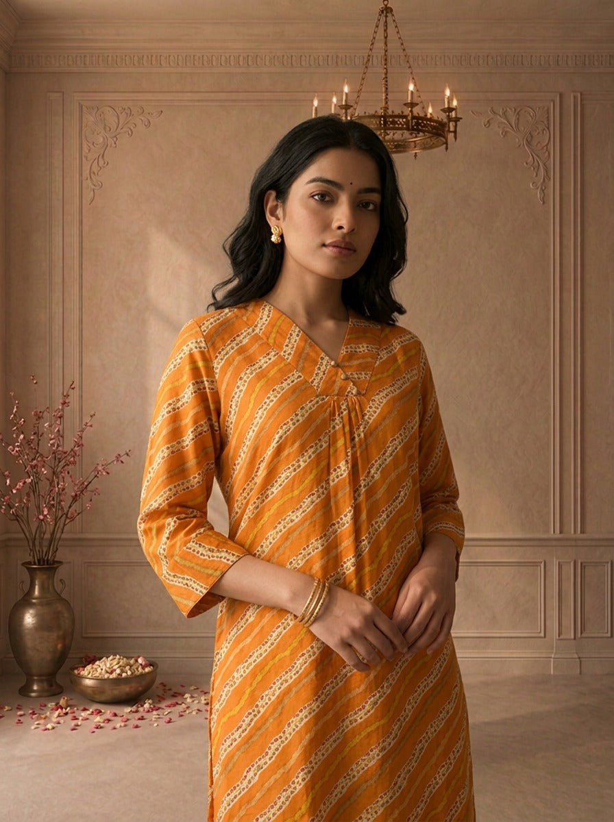 Mustard Rayon Leheriya Striped Printed Kurta
