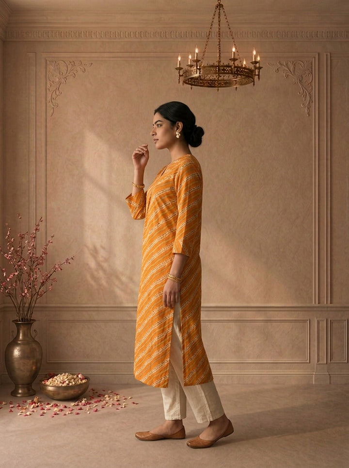Mustard Rayon Leheriya Striped Printed Kurta
