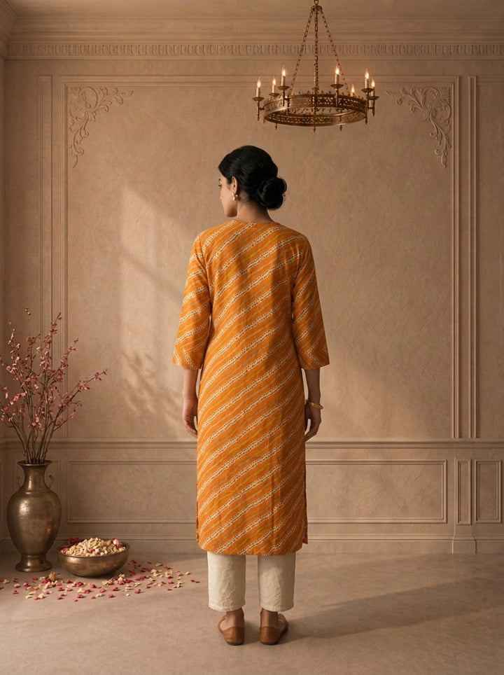 Mustard Rayon Leheriya Striped Printed Kurta