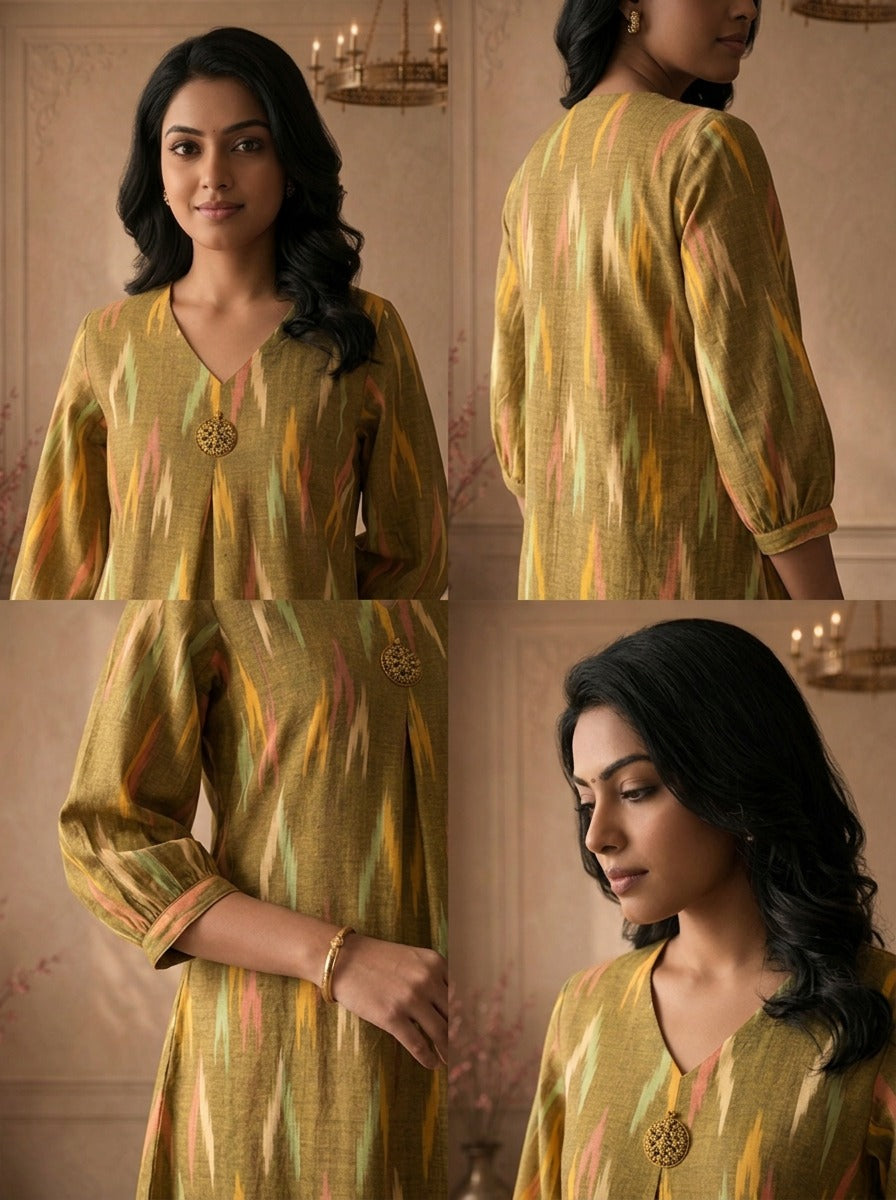 Green Cotton Ikkat Printed Kurta