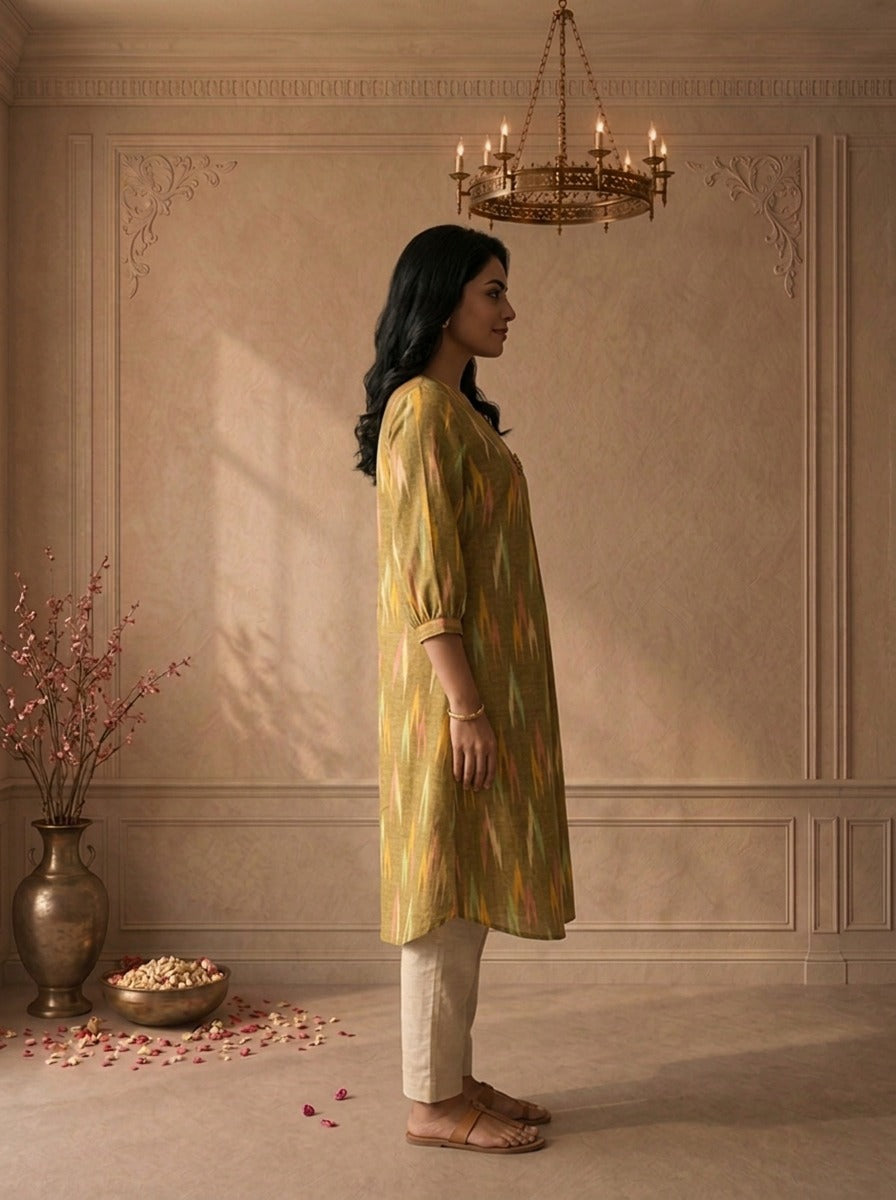 Green Cotton Ikkat Printed Kurta
