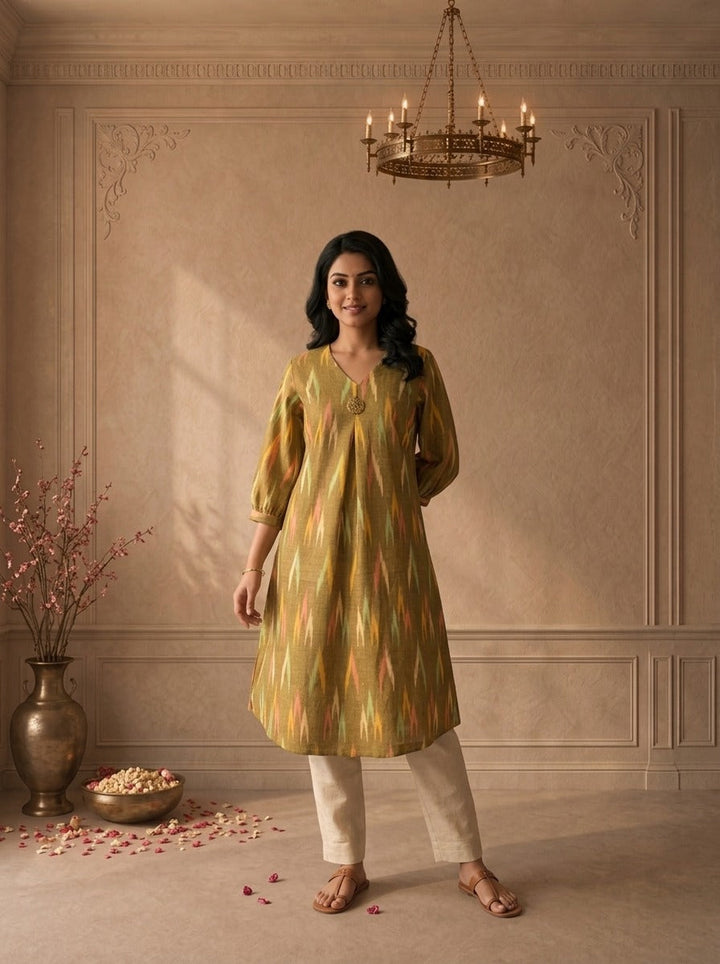 Green Cotton Ikkat Printed Kurta