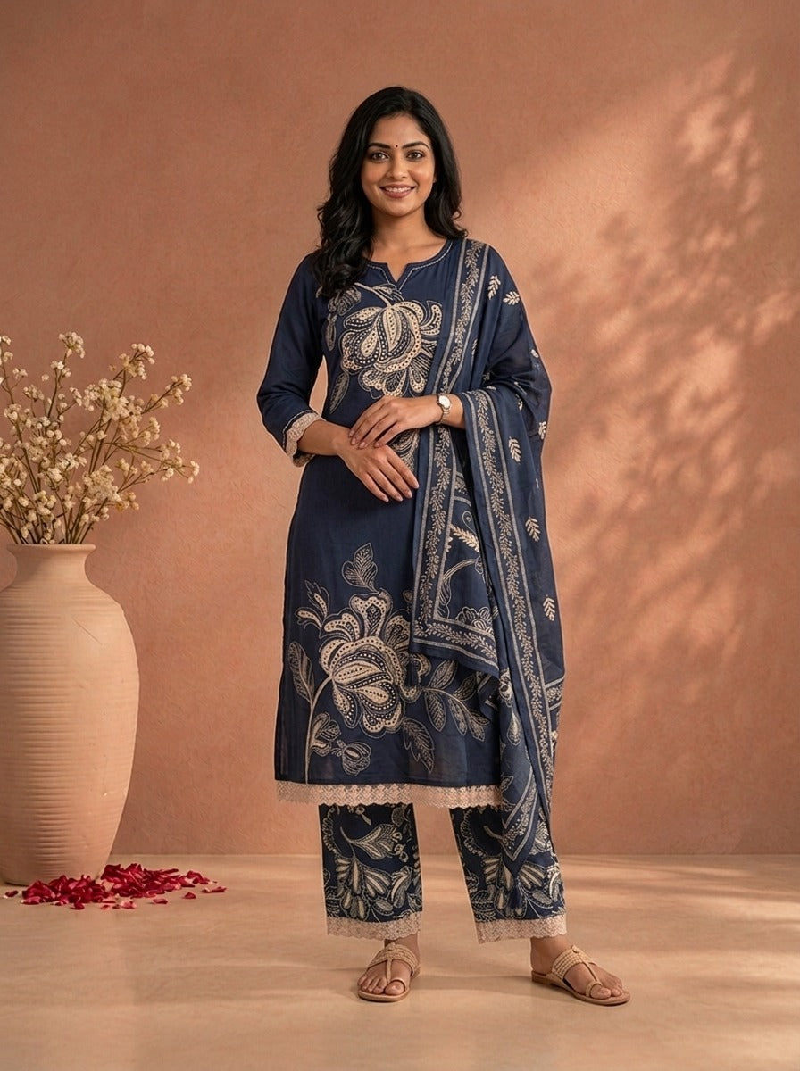Navy Blue Cotton Large Floral Thread Embroidered Three Piece Set