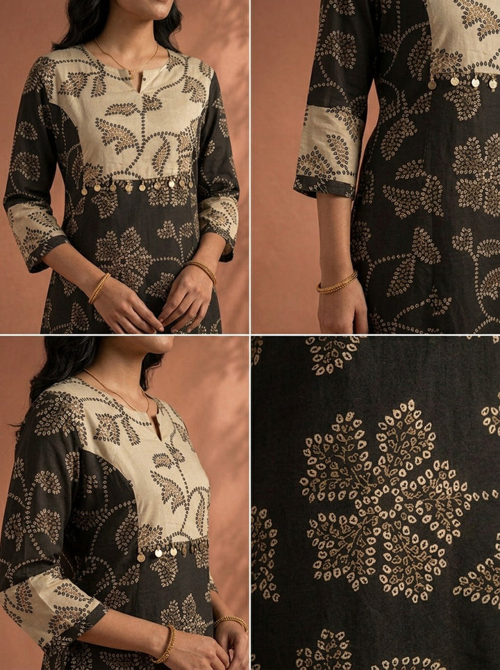 Black Satin Bandhani Floral Dot Printed Two Piece Set