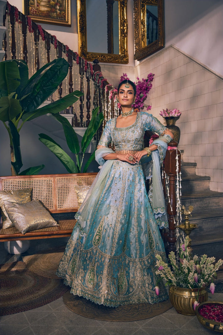 Sky Blue Tissue Zari Embroidery Ghagra Set