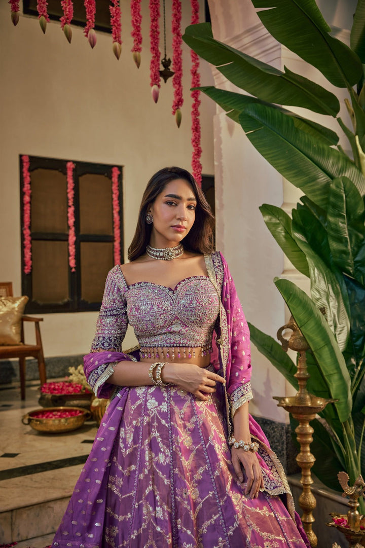 Neerus Purple Banarasi hand embroidered lehenga - side view