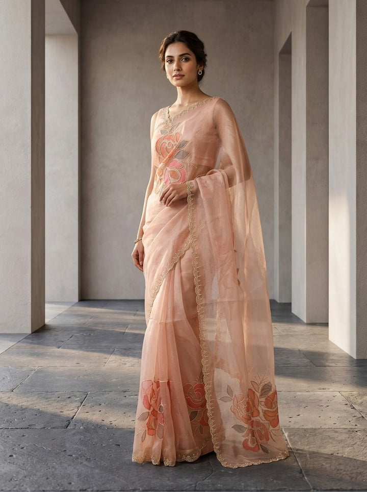Peach Organza Stone Embroidery Saree