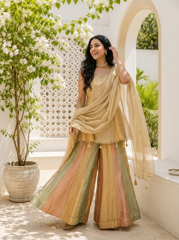 Beige Tissue Pearl And Stone Butti Embroidered Three Piece Set