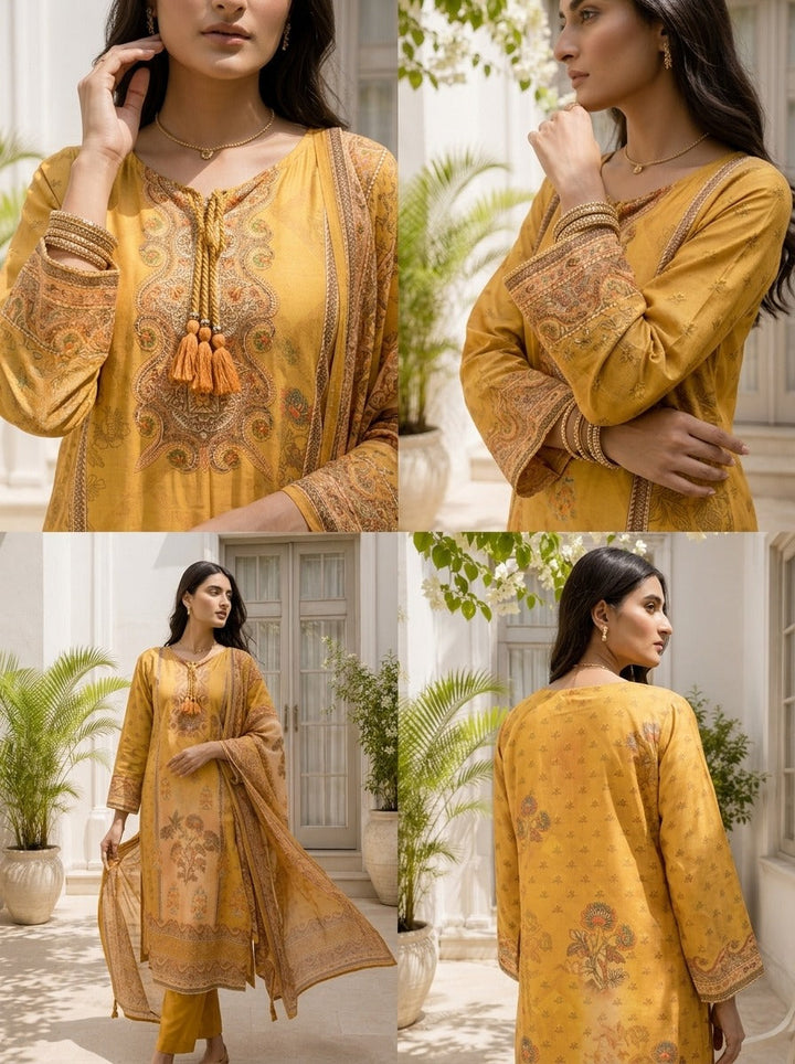 Mustard Muslin Ethnic Motif Printed Three Piece Set