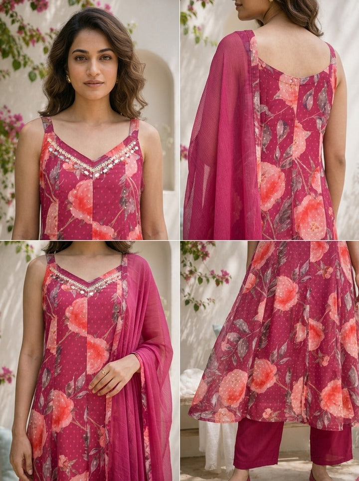 Wine Chinon Digital Floral Printed Three Piece Set