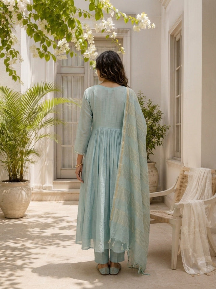 Sky Blue Muslin Bird Embroidered Three Piece Set