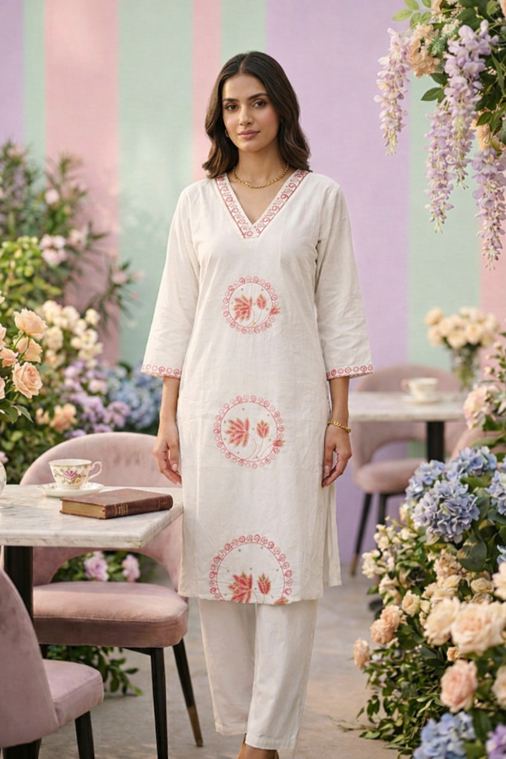 Neerus White cotton printed kurti - front view