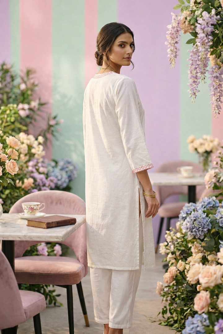 Neerus White cotton printed kurti - back view