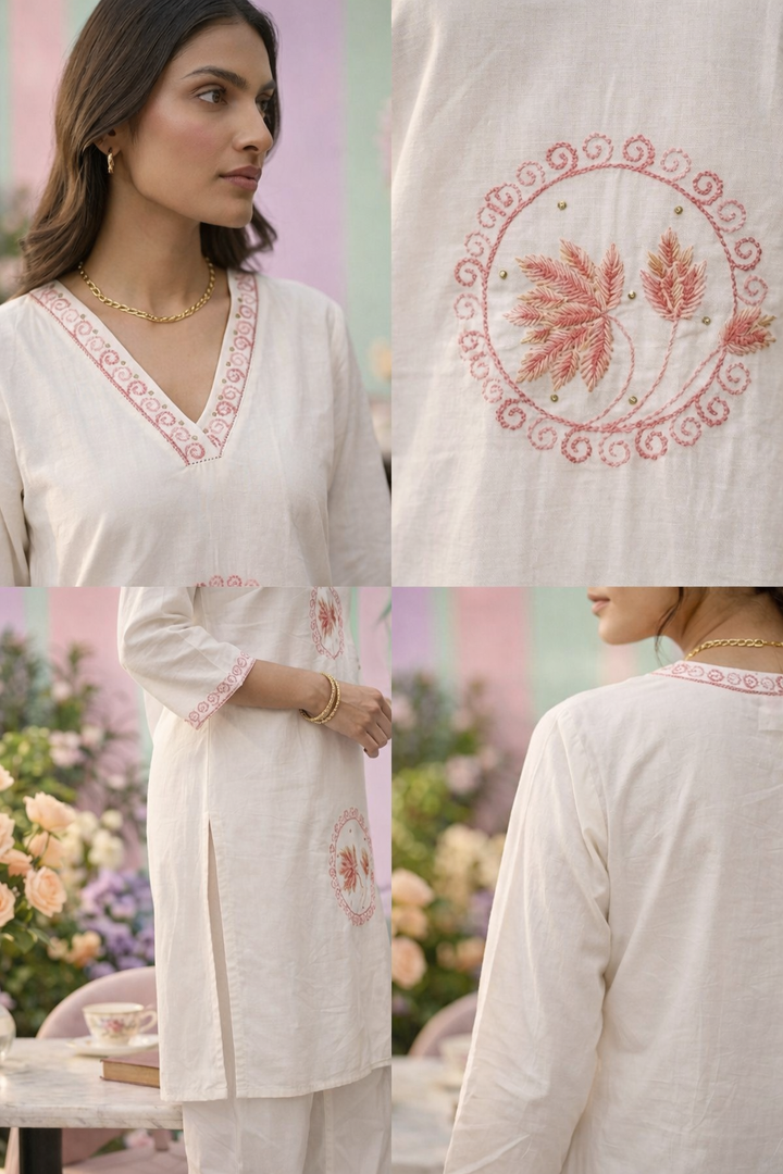 Neerus White cotton printed kurti - side view