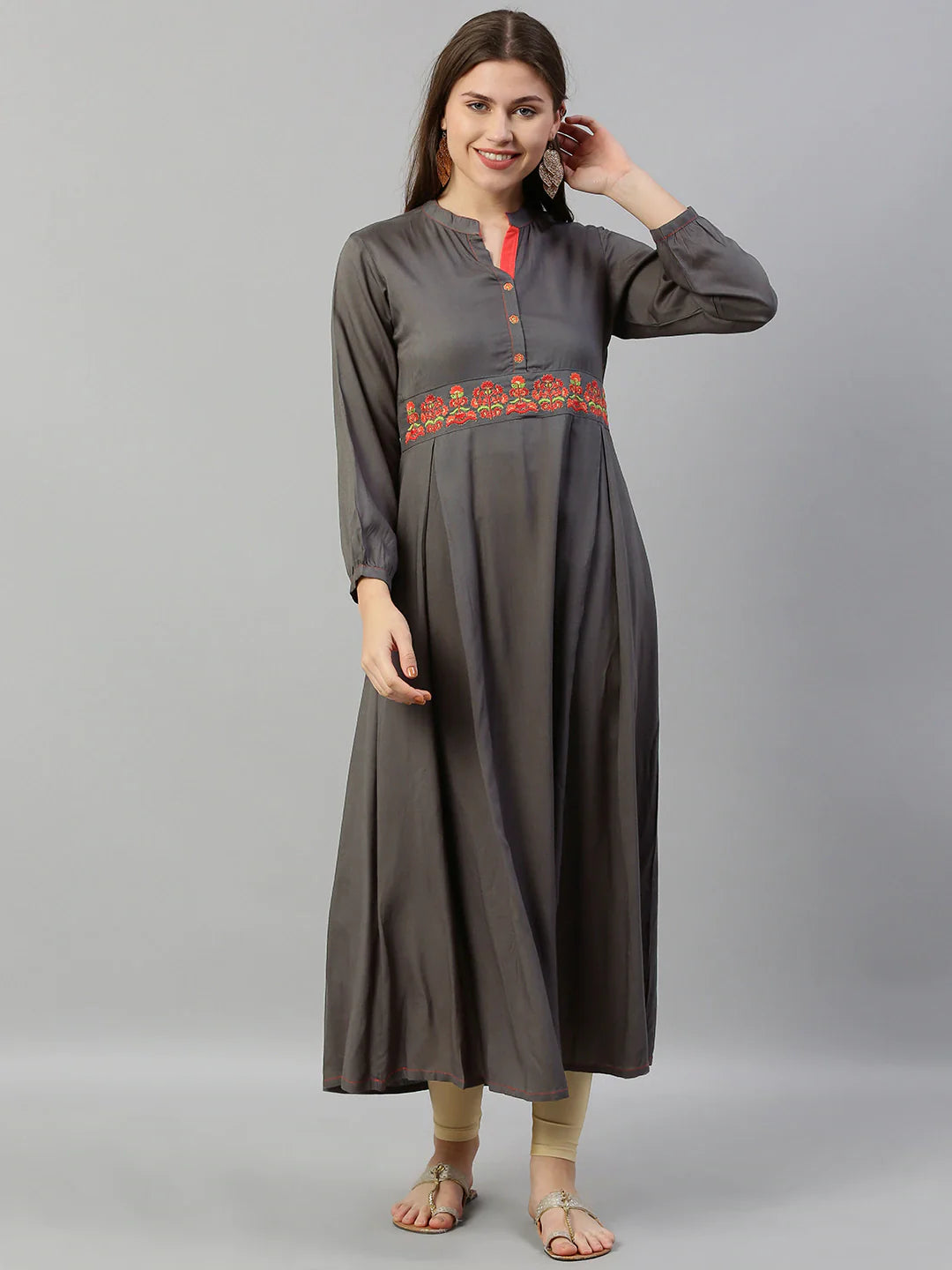 Neerus Grey embroidered A-line kurta - detail view 3